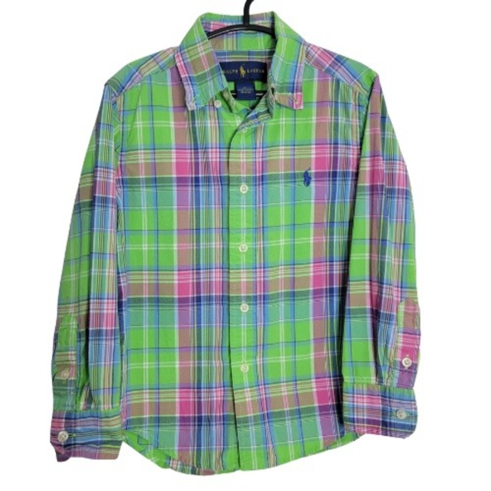 Ralph Lauren Kids Boys Size 4 Plaid Button Down Shirt Green Pink Long Sleeve